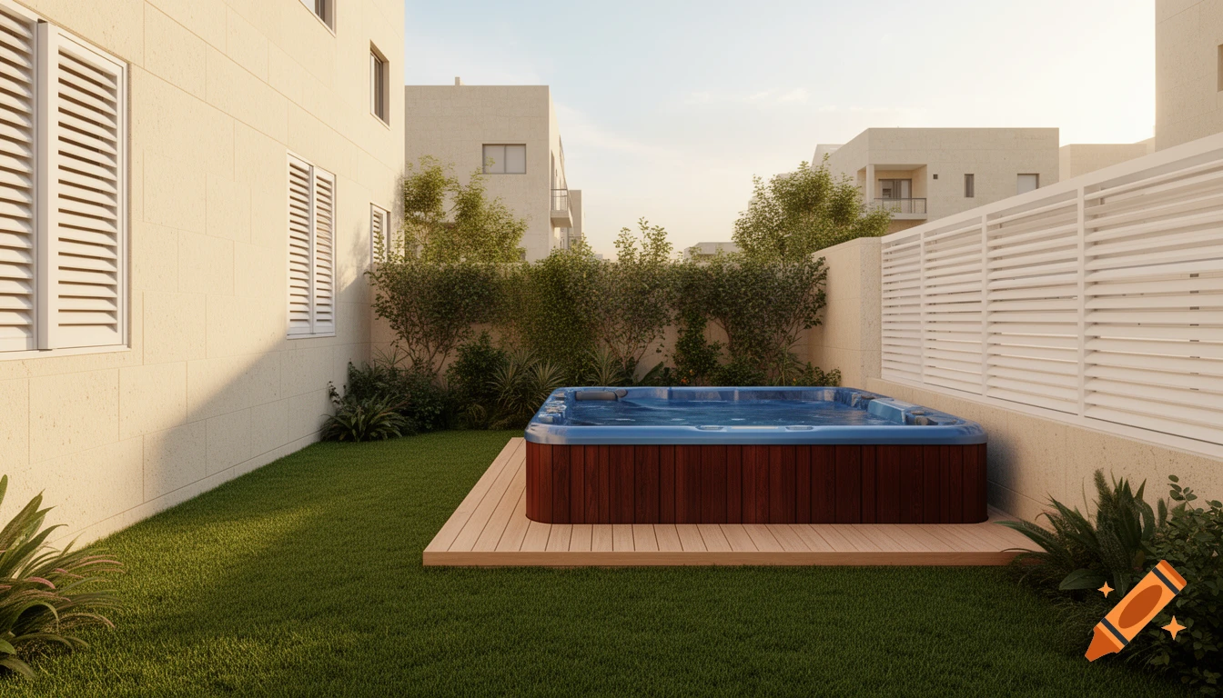 Photorealistic backyard of an Israeli apartment with a blue swim spa on a wooden deck, artificial grass, and cream concrete walls.