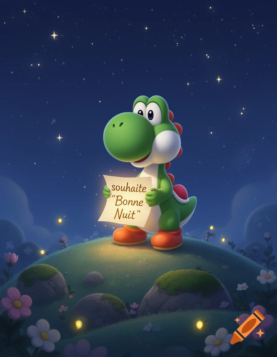 Yoshi stands on a glowing grassy hill under a starry night, holding a paper with 'souhaite Bonne Nuit' text, surrounded by flowers.