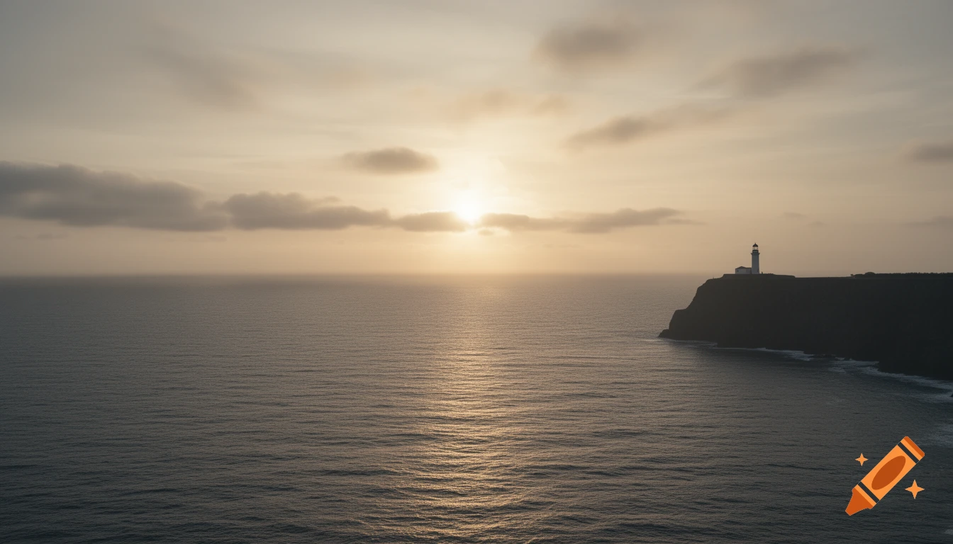 A serene sunset over a wide ocean with a distant lighthouse silhouette on a cliff.