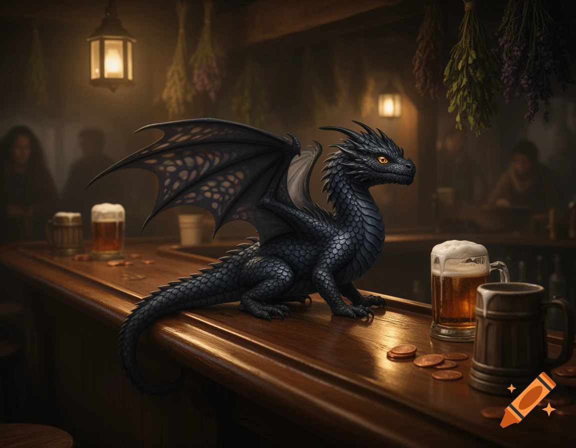 A small, dark blue and gray shadow dragon with yellow eyes sits on a wooden tavern bar next to beer mugs and coins, in an atmospheric, dimly lit setting.