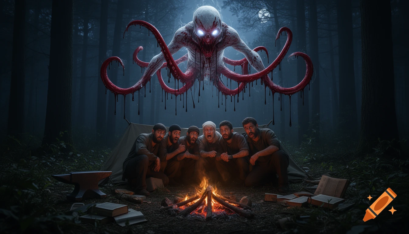 A terrifying, glowing-eyed monster with bloody tentacles drips black blood onto six terrified men huddling around a campfire in a dark forest.