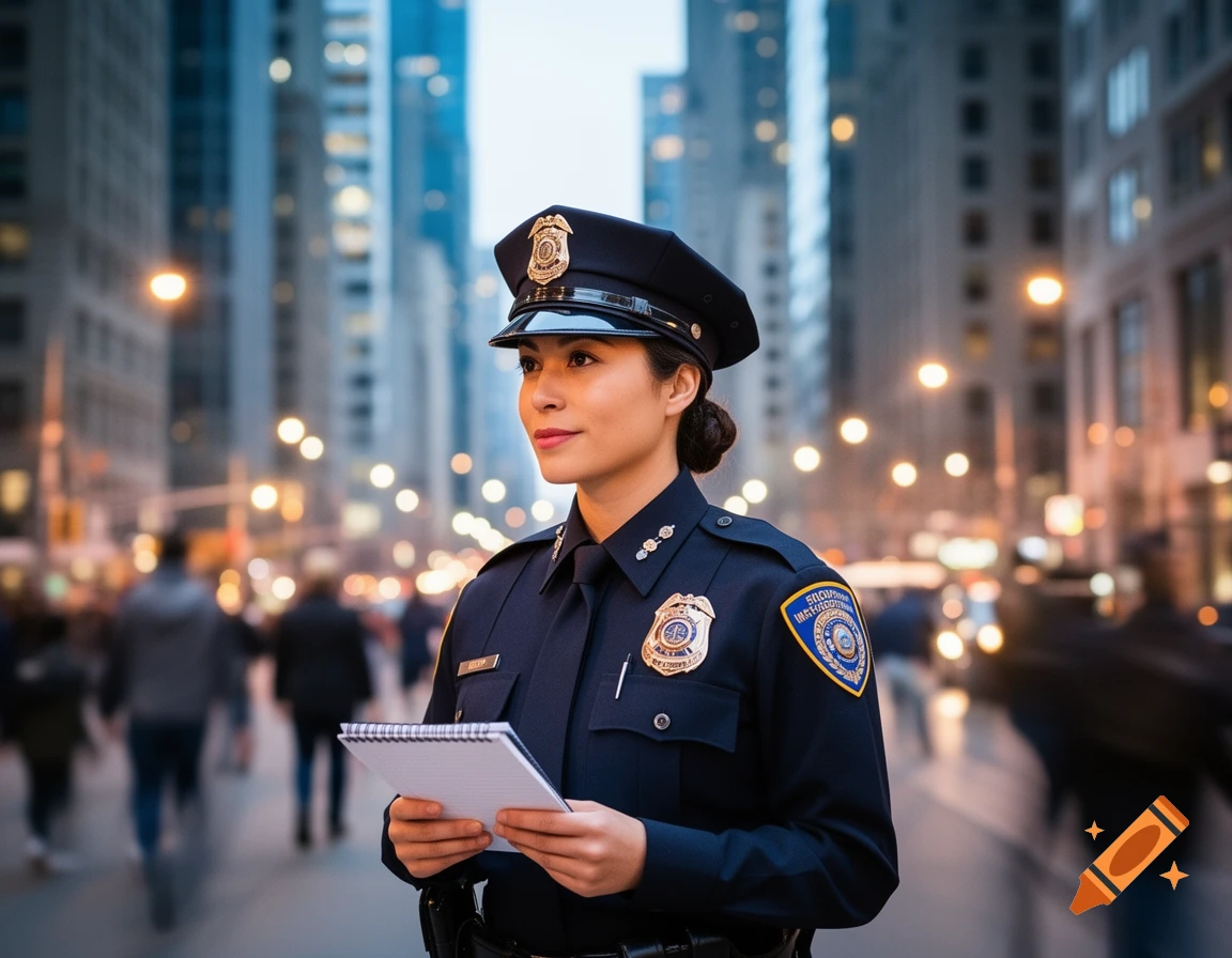 A photorealistic image of a female police officer in uniform holding a notepad, standing on a bustling city street at dusk.