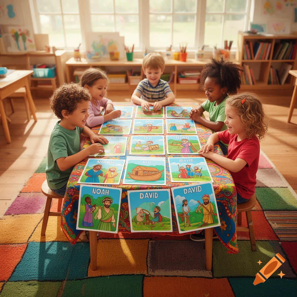 Five happy children play a Bible-themed memory board game at a colorful table in a bright classroom.
