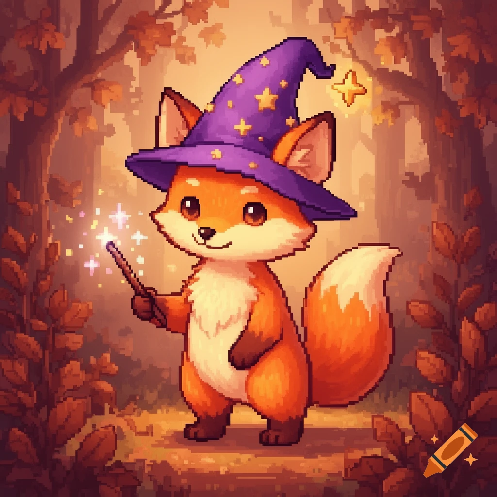 Cute pixel art wizard fox in a purple hat holding a sparkling wand in an autumn forest.
