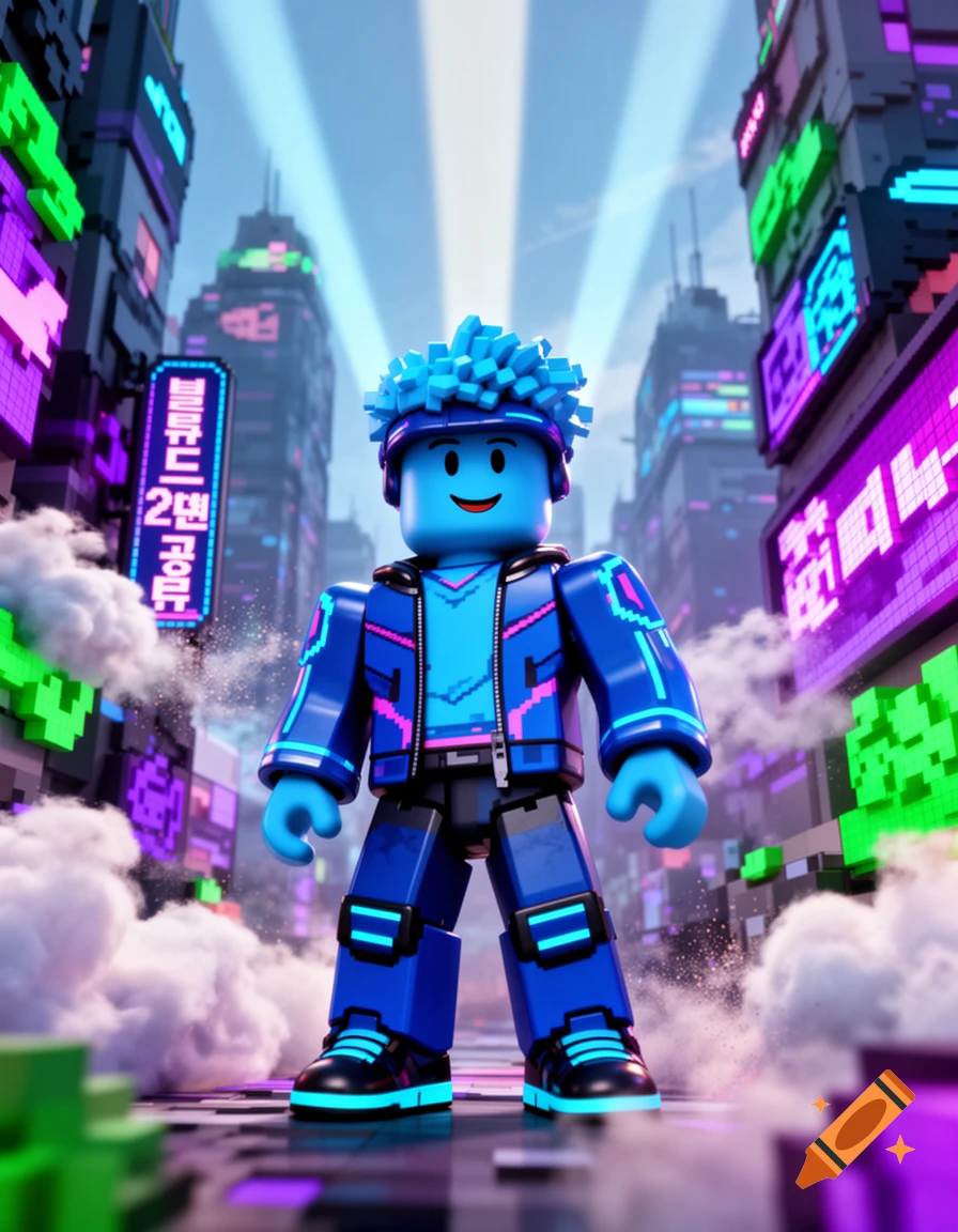 A blue Roblox-style character with spiky blue hair stands in a vibrant cyberpunk city with neon signs.