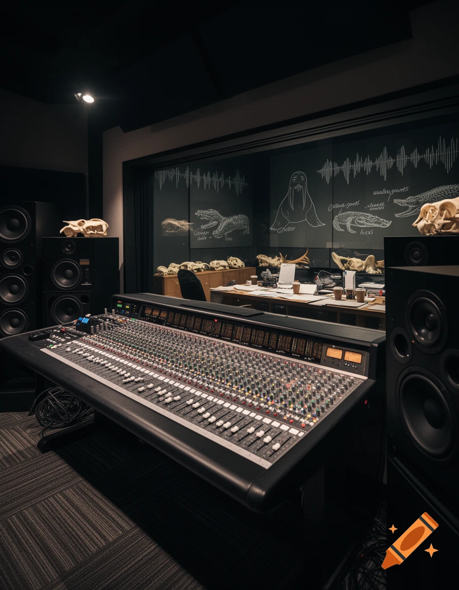 Dark recording studio with a large mixing console in the foreground and animal skull displays with chalkboard drawings in the background.