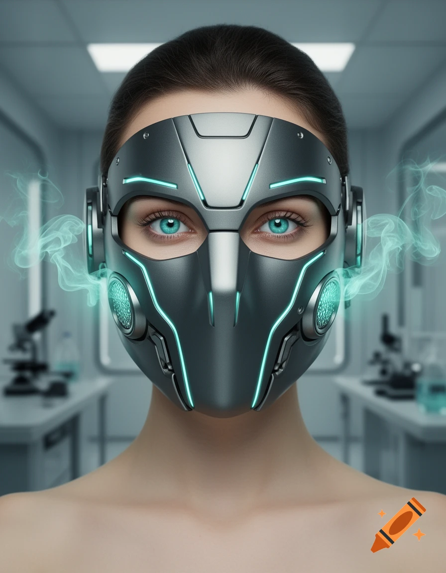 Photorealistic portrait of a woman wearing a futuristic gray metal mask with aquamarine accents and smoke, showing aquamarine eyes in a lab.