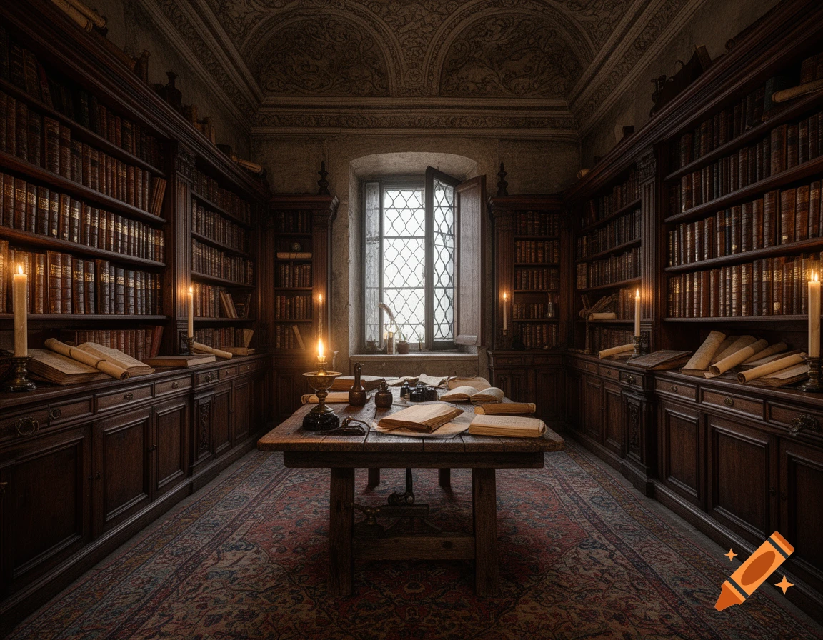 Dimly lit 17th-century Italian library with tall wooden bookshelves, a central table with open books, and a leaded window.