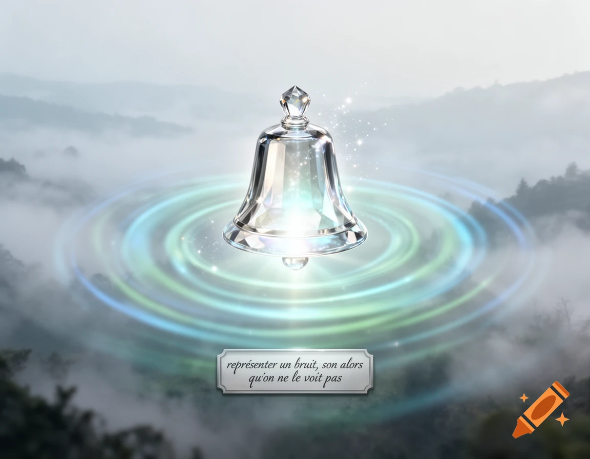 A glowing, crystal bell with blue and green rings hovers above a misty mountain landscape, with text on a plaque below.