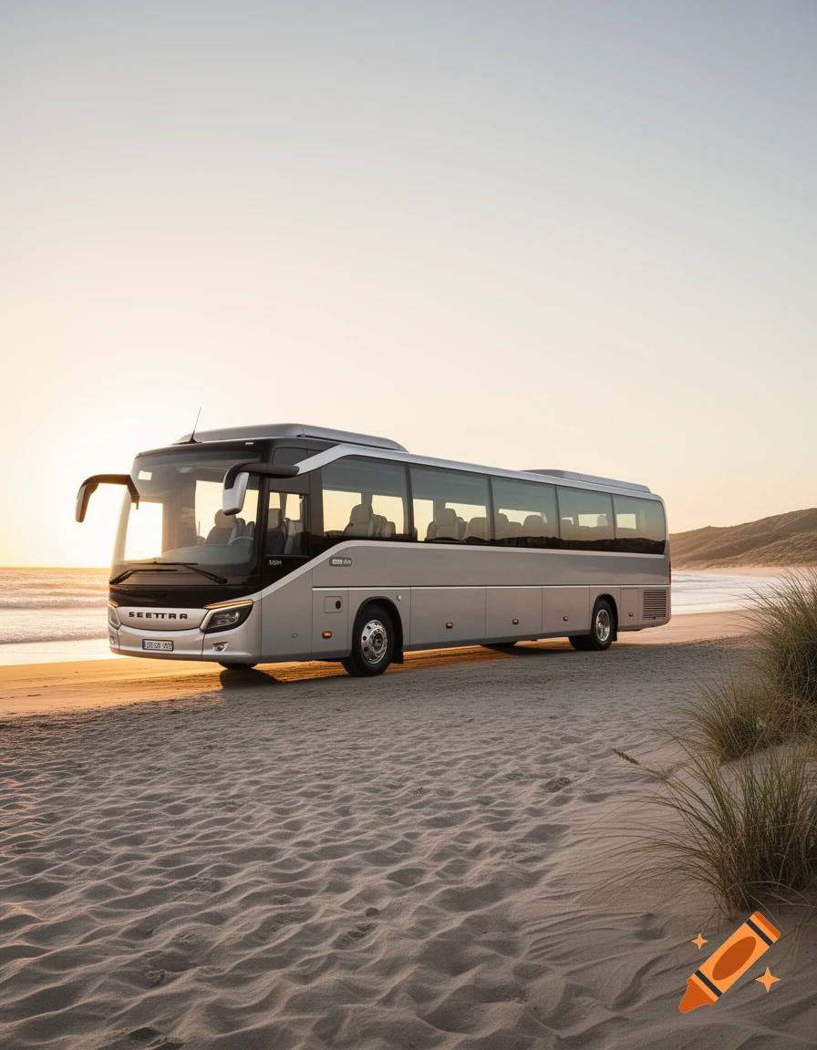 A silver tour bus is parked on a sandy beach with tall grass, facing the ocean under a clear, bright sunset sky.