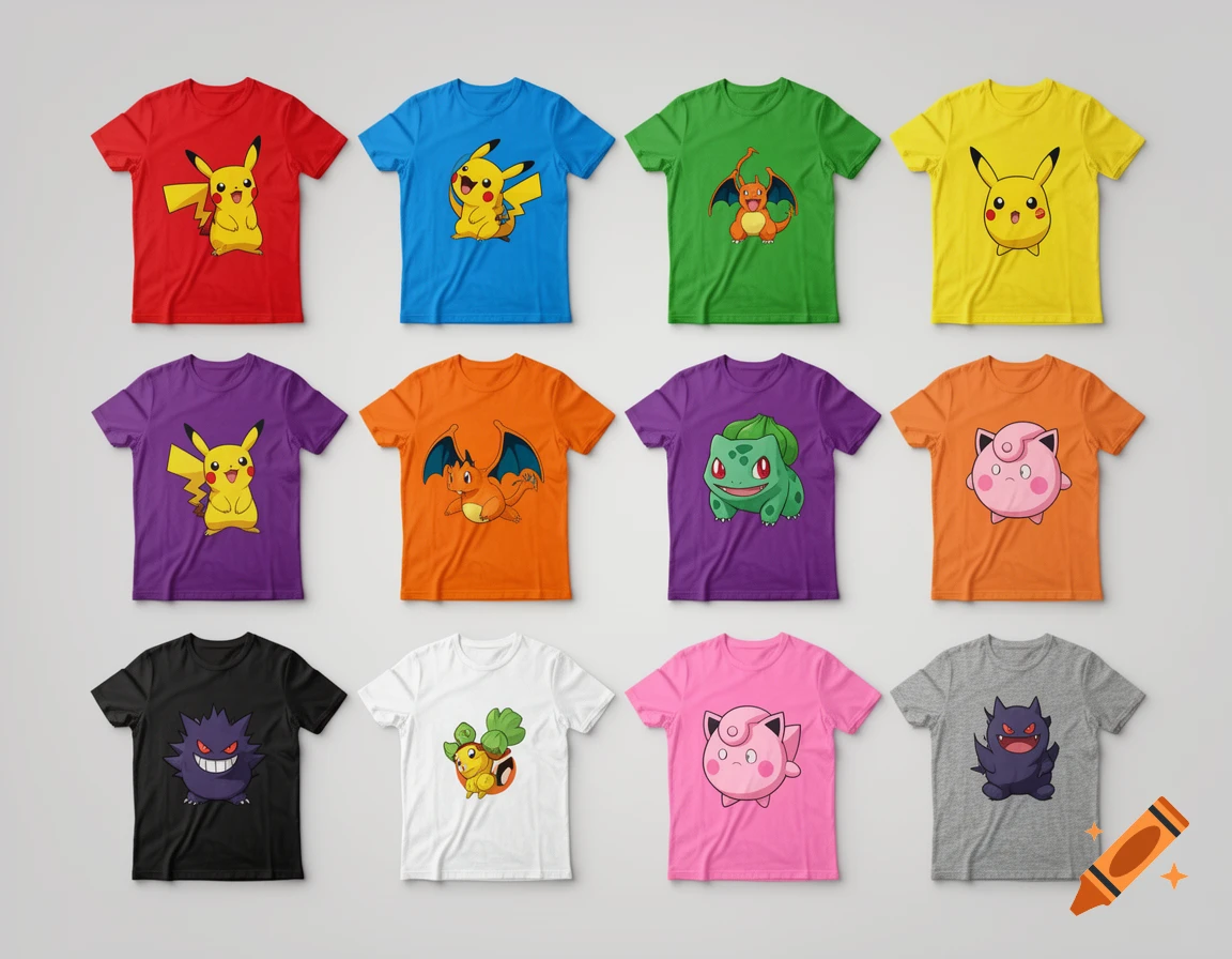 A grid of twelve colorful t-shirts, each featuring a different Pokemon character design, laid flat on a gray background.