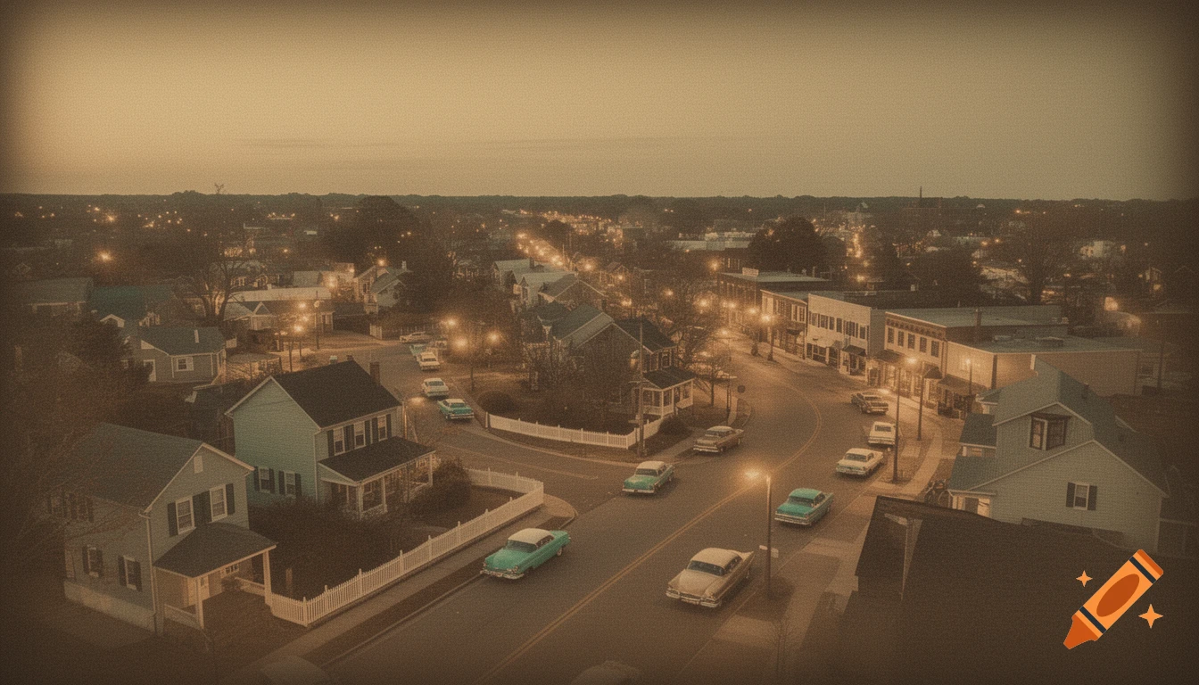 Aerial vintage photo of a 1960s small town at dusk with teal cars on a winding road, muted sepia tones and film grain.