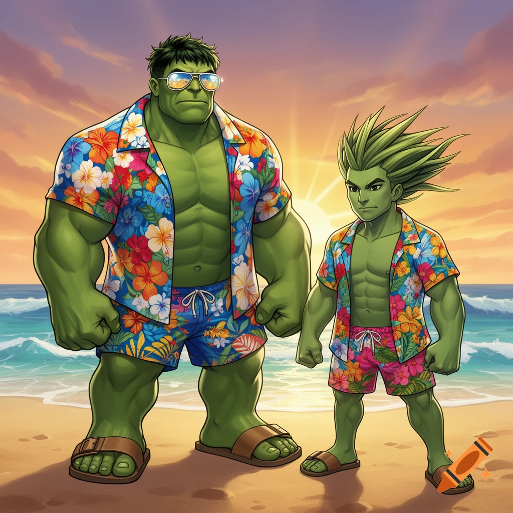 Two muscular green Hulk-like figures, one large and one small, on a sandy beach at sunset, wearing Hawaiian shirts, shorts, sunglasses, and sandals. Comic art style.