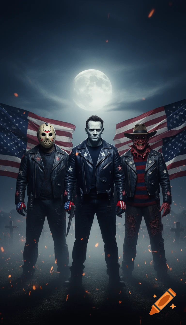 Photorealistic cinematic image of Jason Vorhees, Michael Myers, and Freddy Krueger in patriotic leather jackets standing under a full moon with American flags and a graveyard.