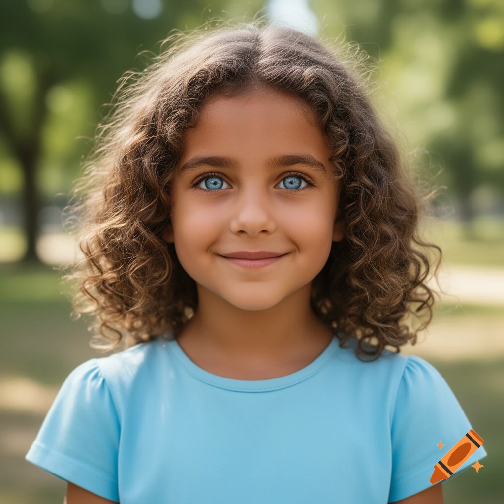 Photorealistic portrait of a smiling young girl with curly brown hair and blue eyes, wearing a light blue shirt, outdoors.