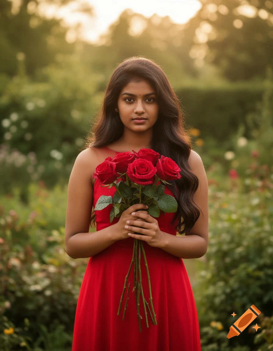 Photorealistic portrait of a young woman in a red dress holding red roses in a golden-lit garden.