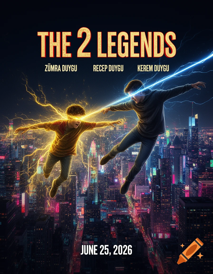A vibrant movie poster for 'THE 2 LEGENDS' showing two figures with glowing energy beams across a neon-lit cityscape at night.