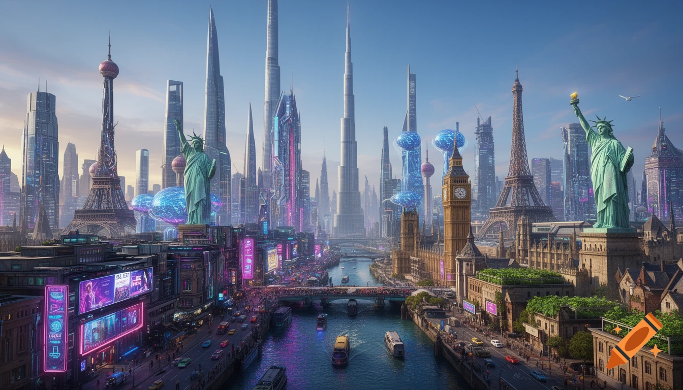 A vibrant, futuristic cityscape blends famous world landmarks like the Eiffel Tower, Big Ben, and Statue of Liberty with towering skyscrapers and neon lights along a river.