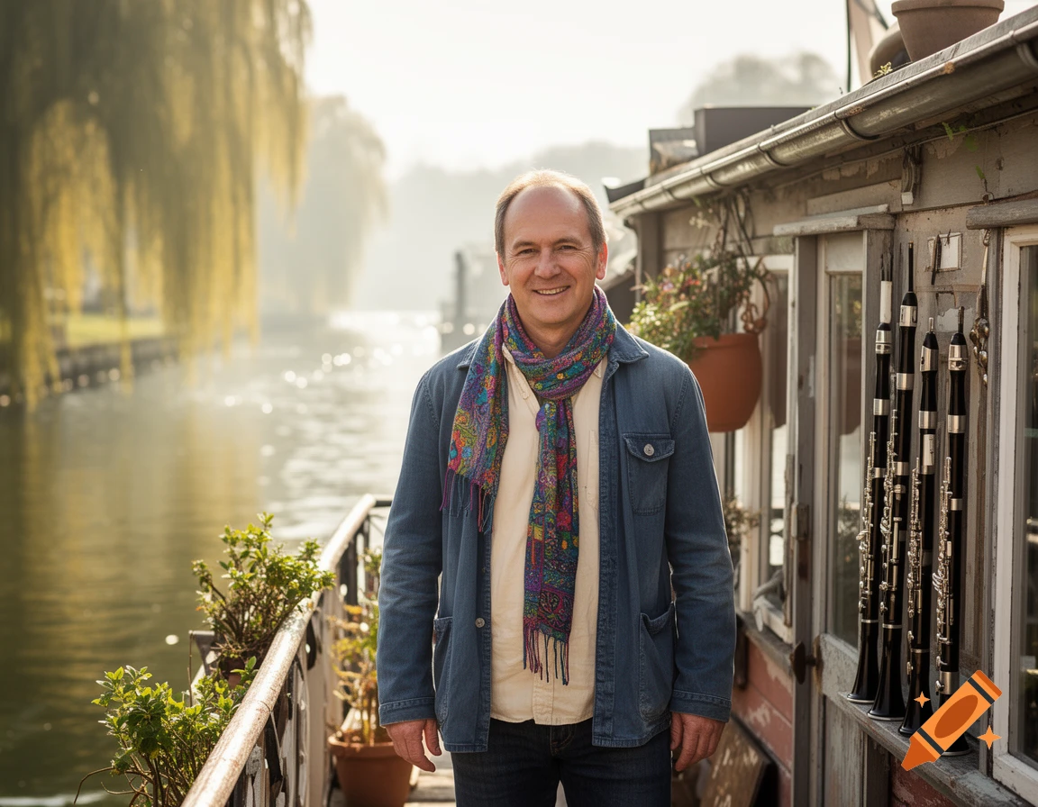 Smiling man in a denim jacket and colorful scarf on a houseboat deck with wind instruments, a sunlit river and weeping willows.