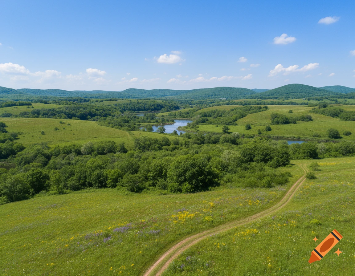 Scenic aerial view of green rolling hills, fields, forests, and small lakes under a clear blue sky, with a dirt path winding through the foreground.