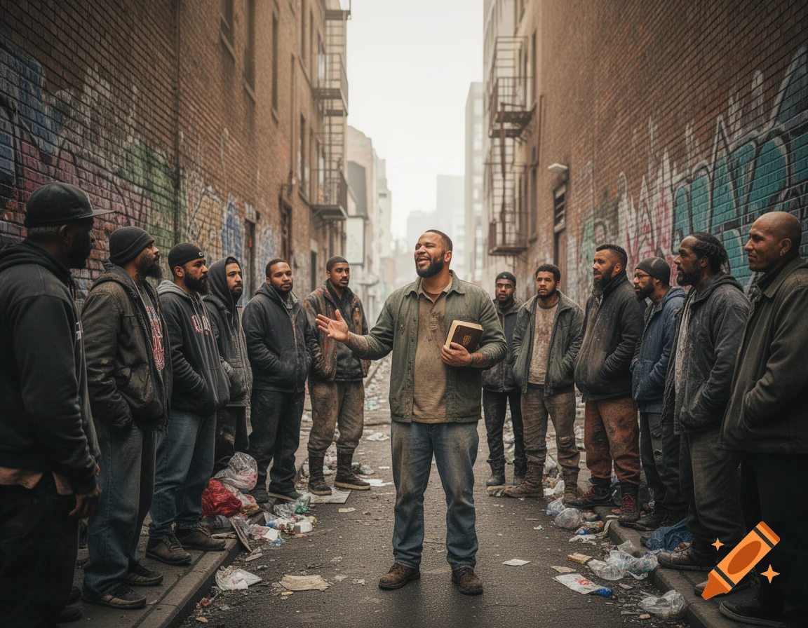 A minister preaches from a book to a group of men in a graffiti-covered urban alleyway filled with trash, in a photorealistic style.