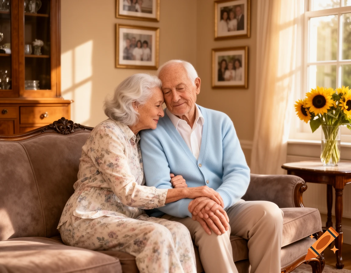 Elderly couple embraces on a brown sofa in a sunlit living room with framed photos and sunflowers.