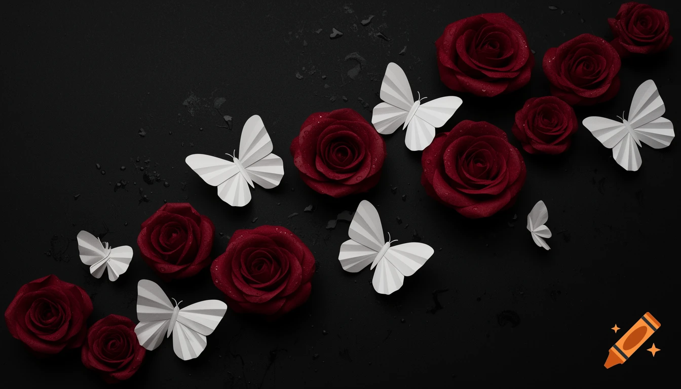 Dark red roses and white paper butterflies scattered on a black background with subtle water droplets.