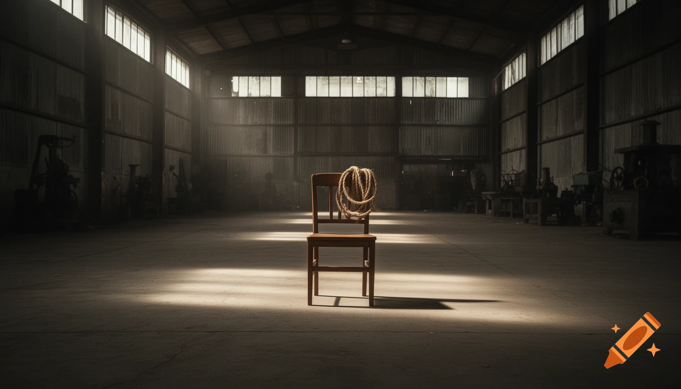 A wooden chair with a coil of rope sits in a shaft of light in a dark, empty industrial warehouse, creating a mysterious atmosphere.