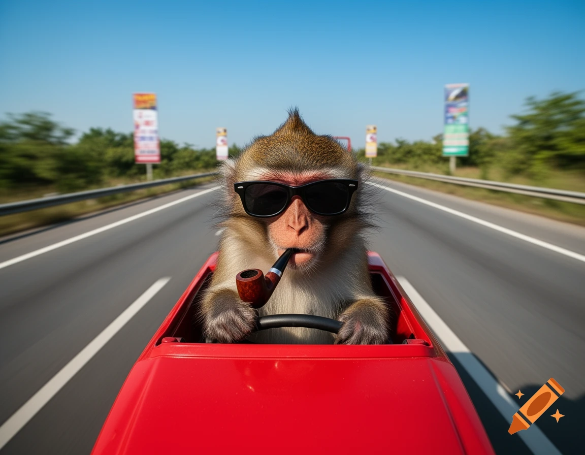 A photorealistic monkey in black sunglasses smokes a pipe while driving a red convertible on a highway.