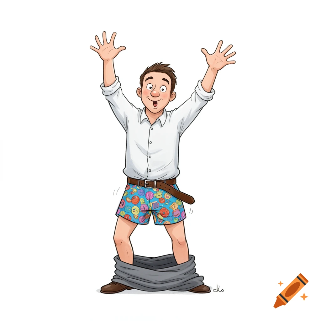 A cartoon man in a white shirt with trousers around his ankles, revealing colorful boxer shorts. His hands are raised, and he looks surprised.