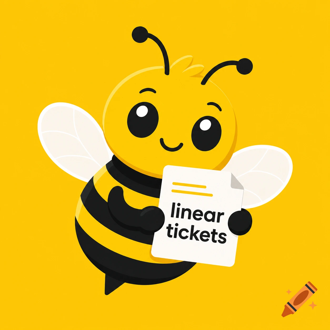 Cute cartoon bee holding a document with 'linear tickets' text, on a yellow background.