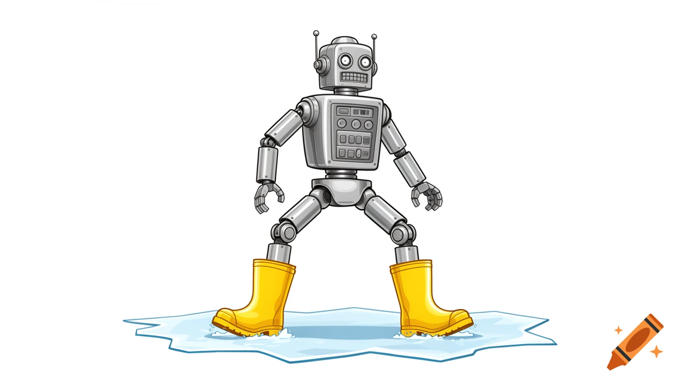 A silver-grey retro-futuristic robot wearing yellow wellington boots stands on a thin sheet of ice with its legs wide.