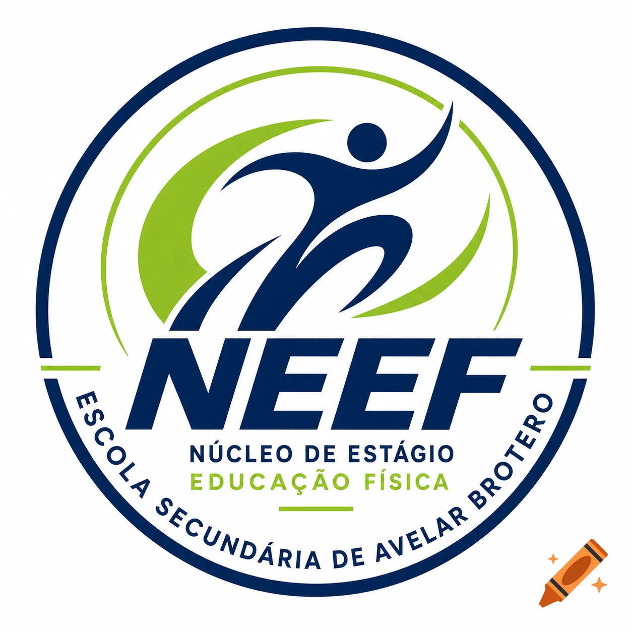 Logo for NEEF, a physical education program at Escola Secundária de Avelar Brotero, featuring a stylized figure jumping within a green and blue circle.