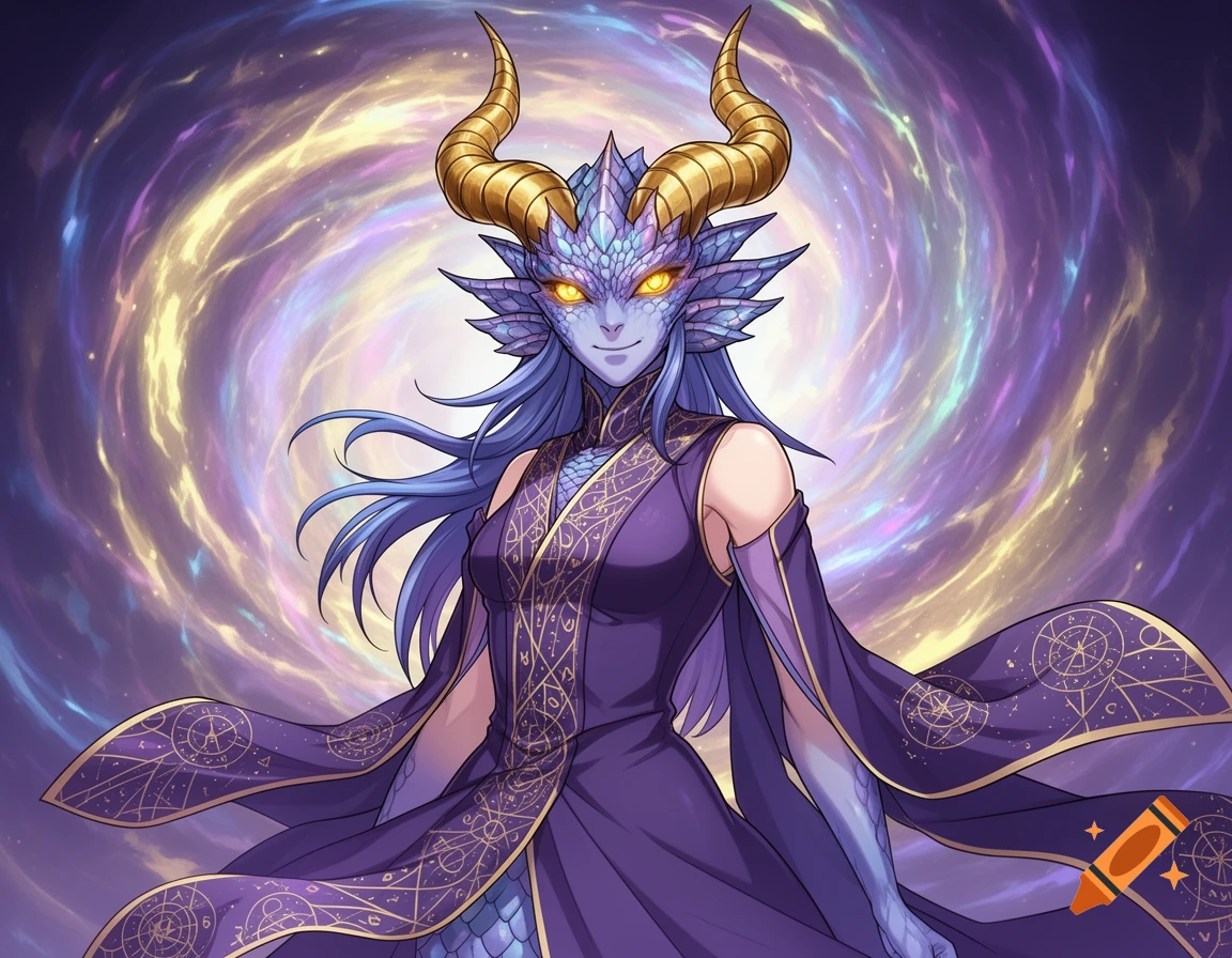 An anime-style dragon-like woman with blue skin, gold horns, and glowing eyes, wearing a purple robe with gold patterns against a swirling galaxy.