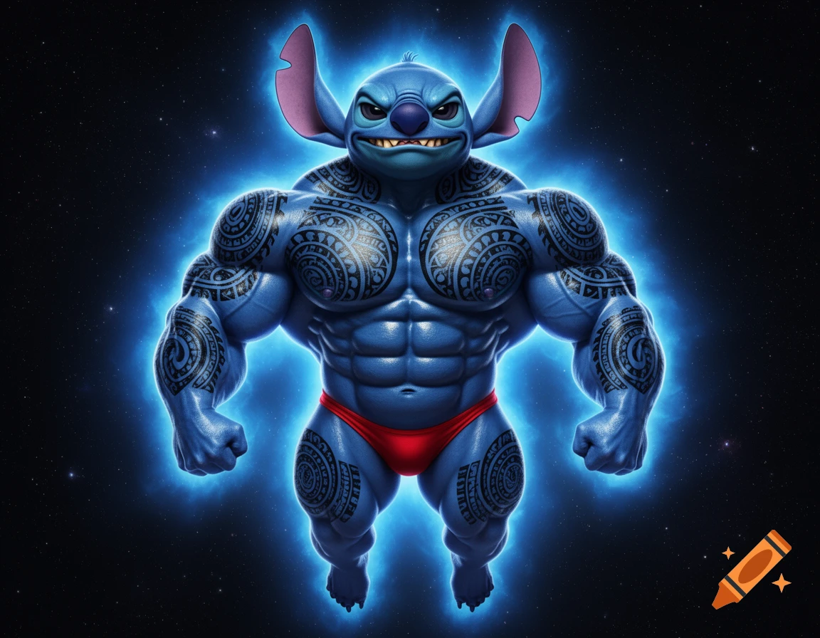 Hyper-realistic bodybuilder Stitch with Polynesian tattoos, wearing a red posing thong, floating in space with a blue aura.
