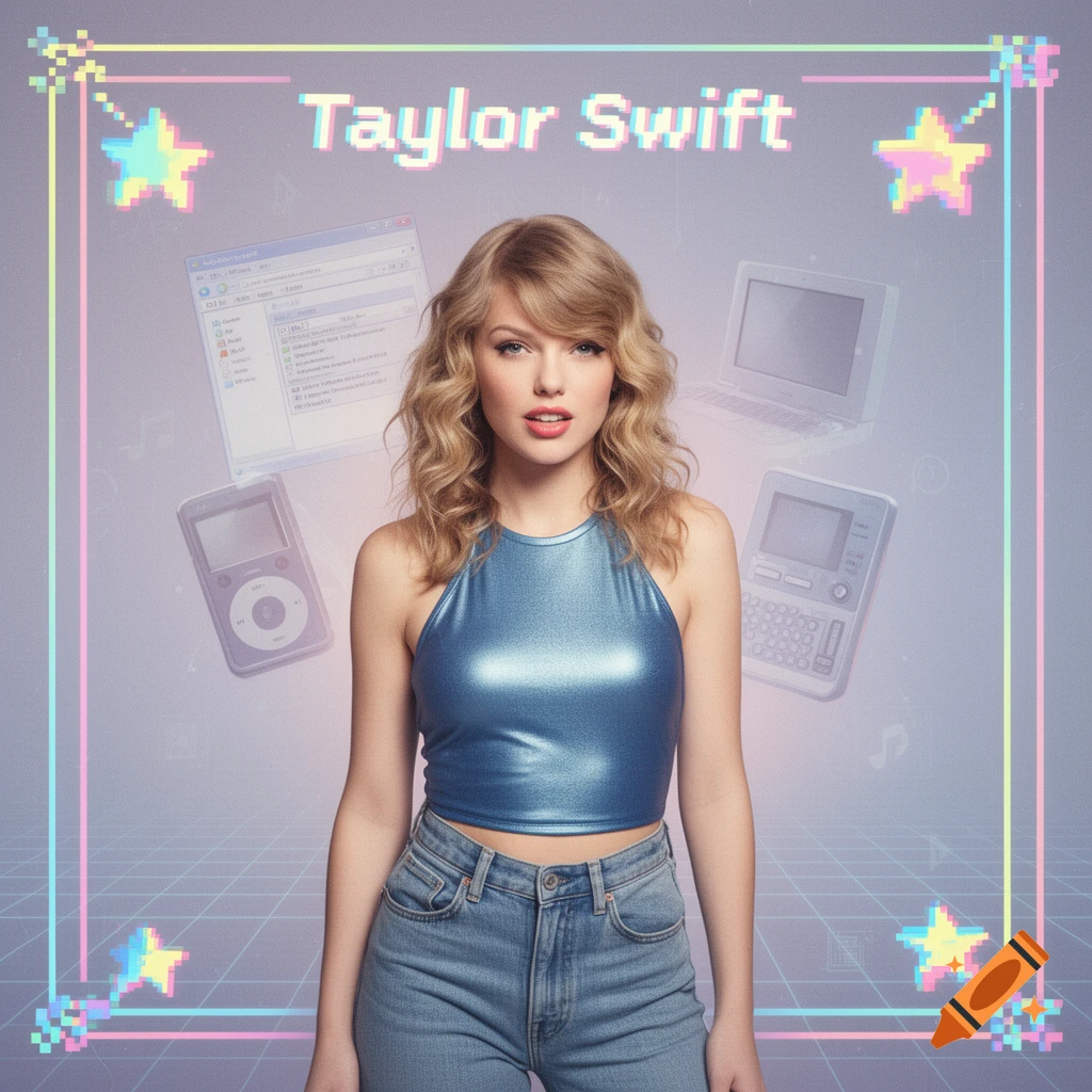 Taylor Swift in a metallic blue halter crop top and jeans, standing against a background of pixel art stars and outlines of early 2000s tech like a computer, laptop, and MP3 player.