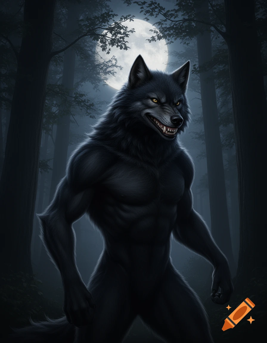 A muscular black werewolf with yellow eyes snarls in a dark forest under a full moon.