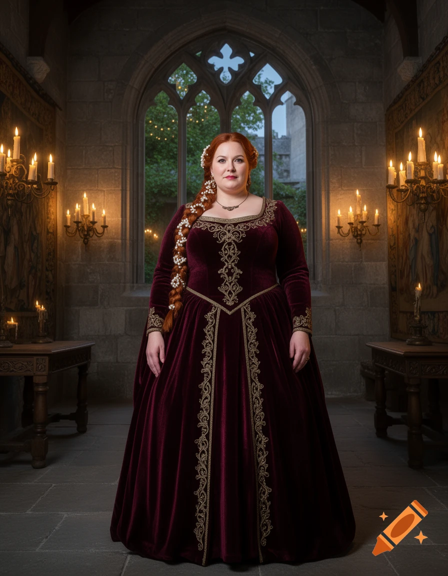 A red-haired woman in a deep red medieval velvet gown with gold embroidery stands in a candlelit stone castle hall.