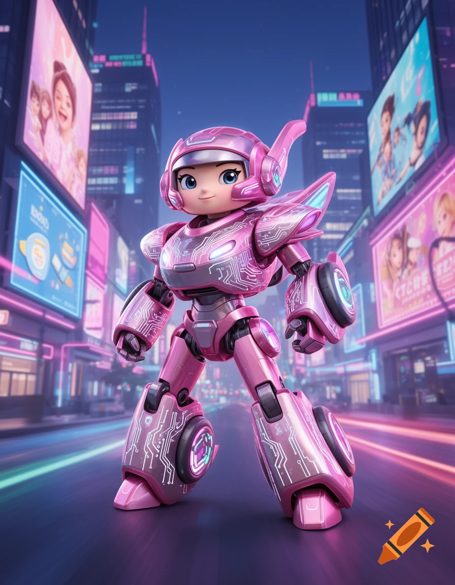 A pink and silver futuristic robot character with circuit board patterns stands in a neon-lit city street at night.