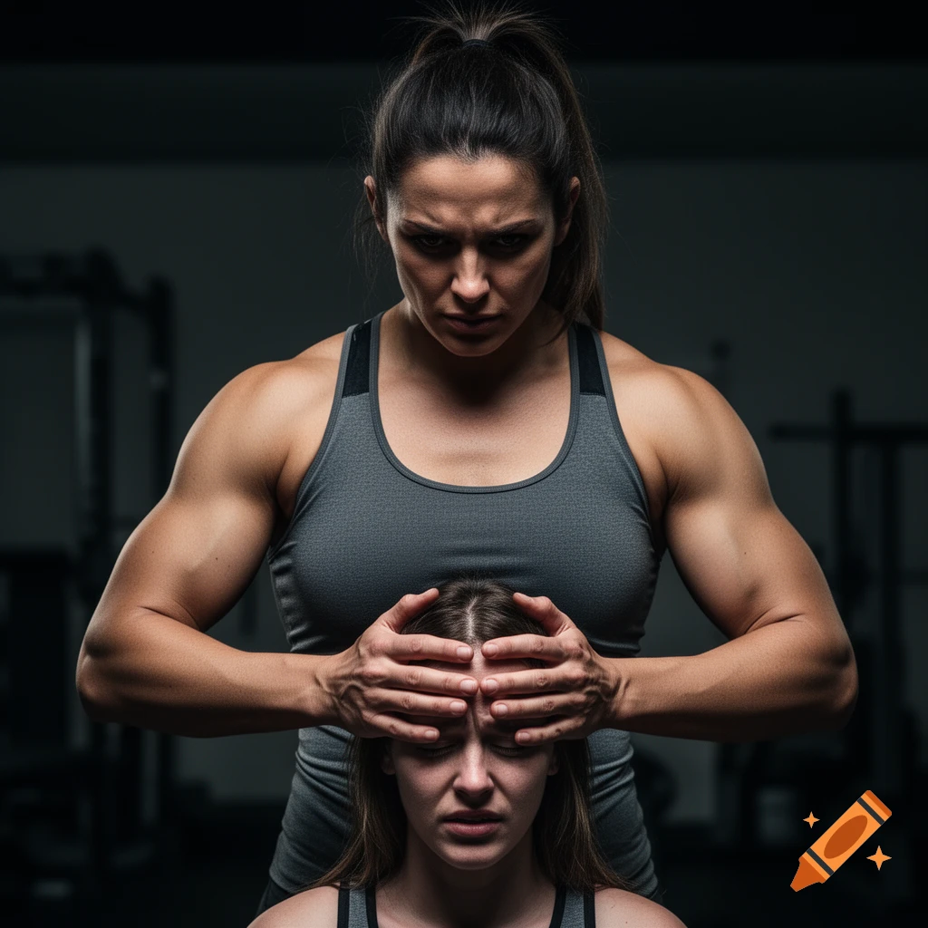 A muscular woman with an intense expression holds the head of a distressed woman in a dark, dramatic gym setting, photorealistic style.