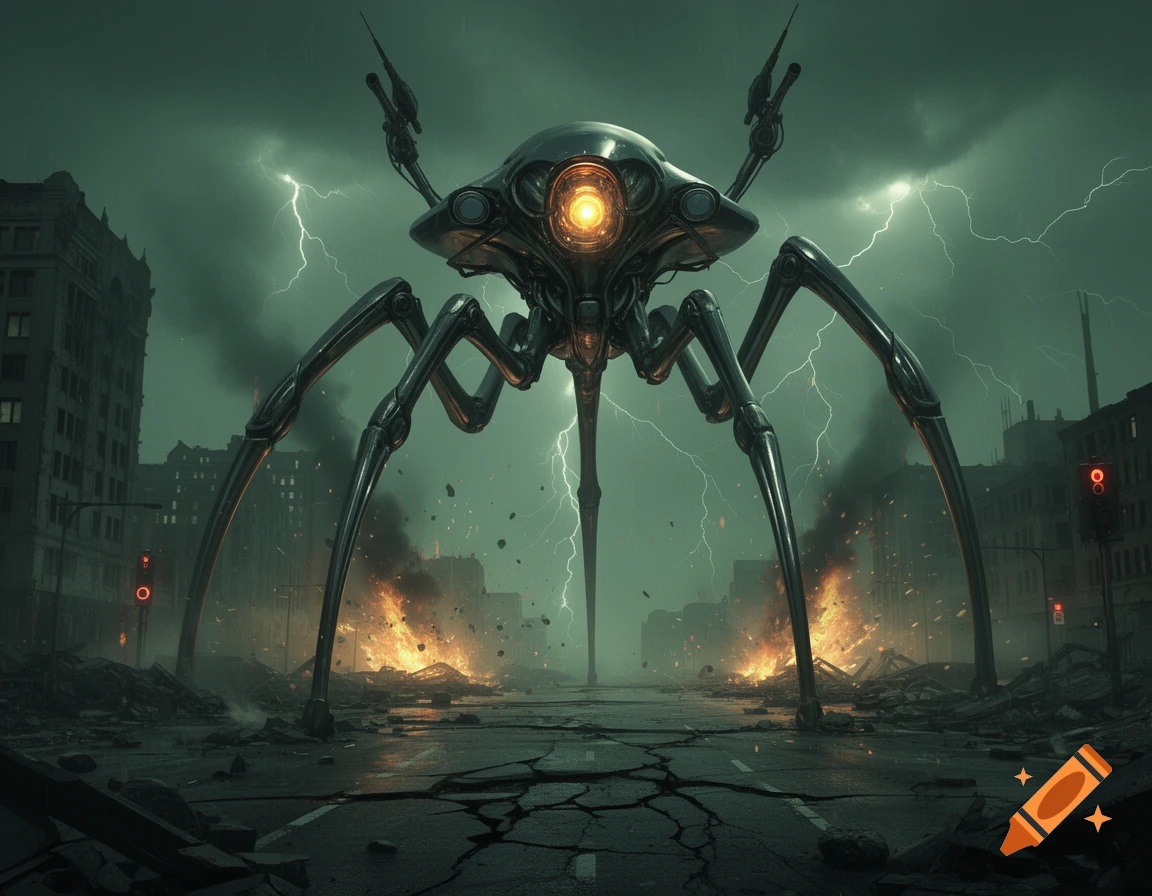 A giant alien tripod robot stands on a cracked, debris-filled street in a destroyed city, with buildings burning and lightning in the dark, stormy sky.