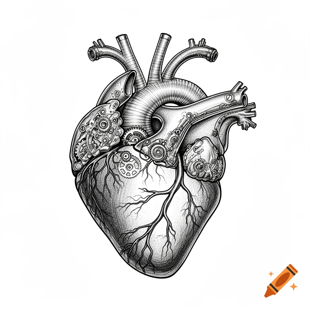 Steampunk anatomical heart outline drawing in black and white.