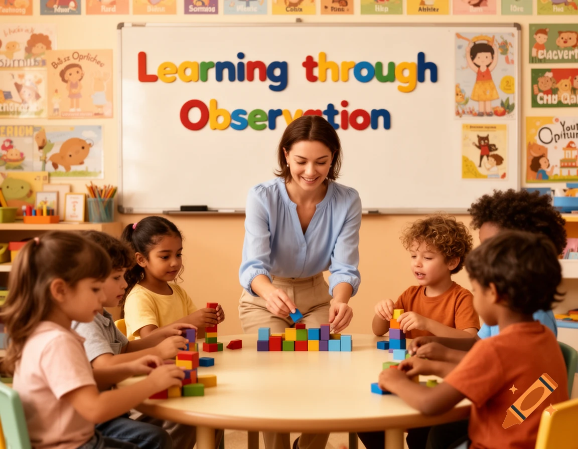 A smiling teacher helps a diverse group of young children build with colorful blocks around a table in a bright classroom.