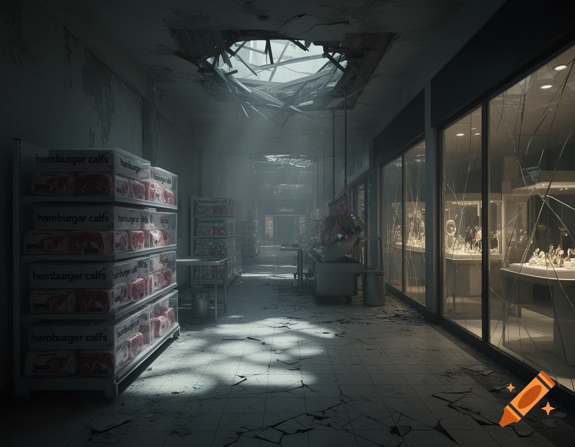 A dimly lit, abandoned shopping mall with a large hole in the roof. Cracked floors lead past shelves of packaged "hamburger calfs" and shattered display windows.