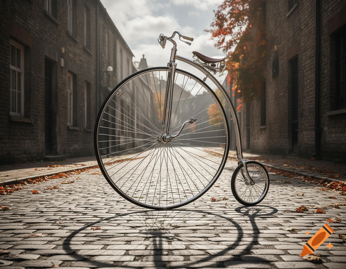 A vintage penny-farthing bicycle stands on a cobblestone street with fallen leaves, flanked by old brick buildings under a cloudy sky.
