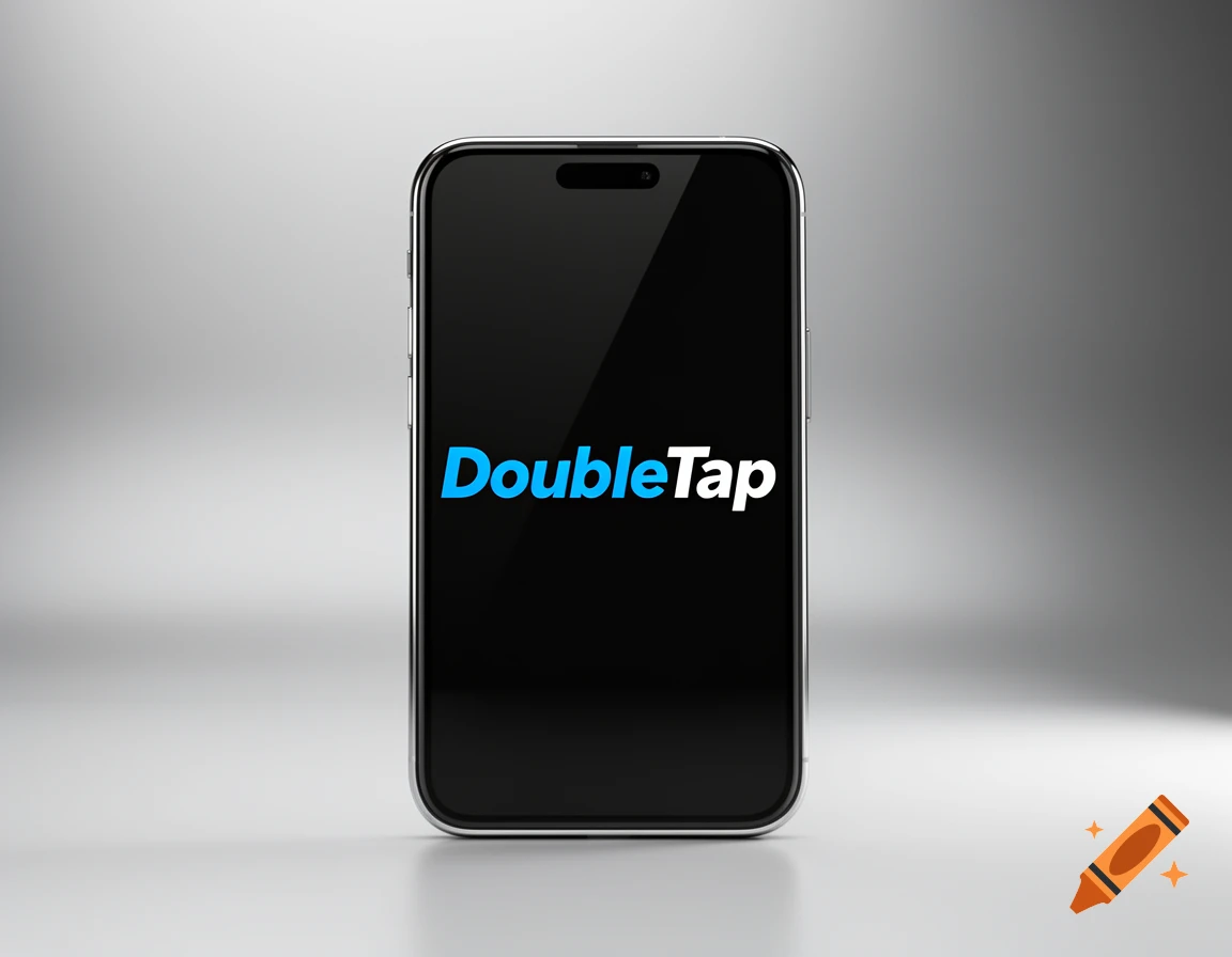 Photorealistic image of a sleek smartphone displaying a blue 'DoubleTap' logo on its black screen.