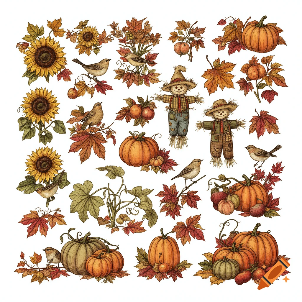 Vintage autumn illustration featuring various motifs like sunflowers, fall leaves, pumpkins, birds, and scarecrows on a white background.