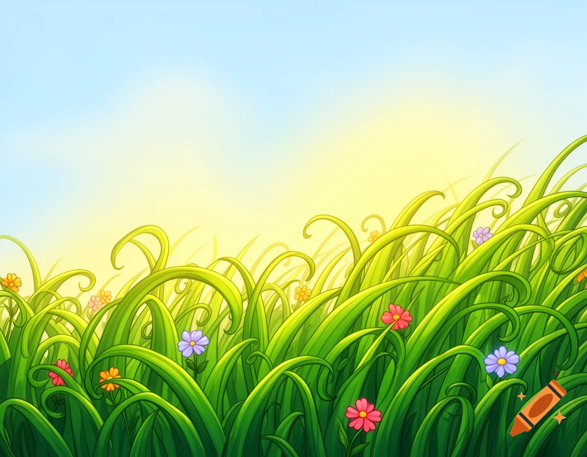 A vibrant cartoon illustration of green grass with curled blades and small pink, orange, and purple flowers under a sunny blue sky.