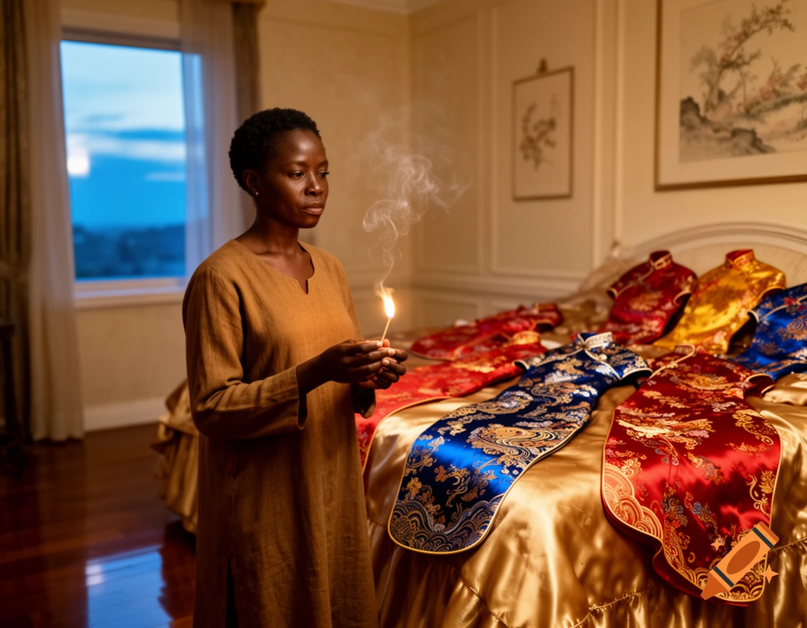 An African woman holds a lit match in a dimly lit bedroom where several colorful, embroidered cheongsams are laid on a gold-covered bed.