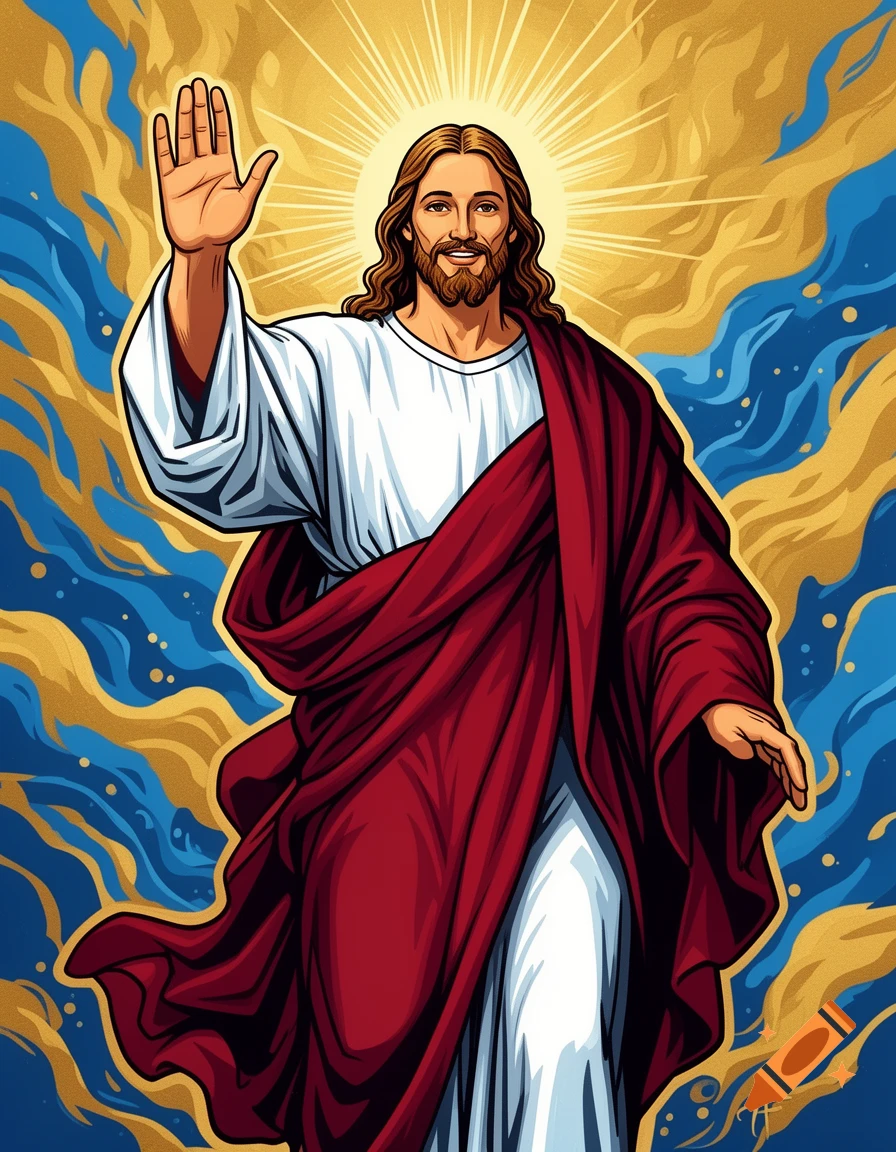 A smiling, bearded Jesus in a white robe and red cloak raises his hand, against a vibrant blue and gold graphic art background with a golden halo.
